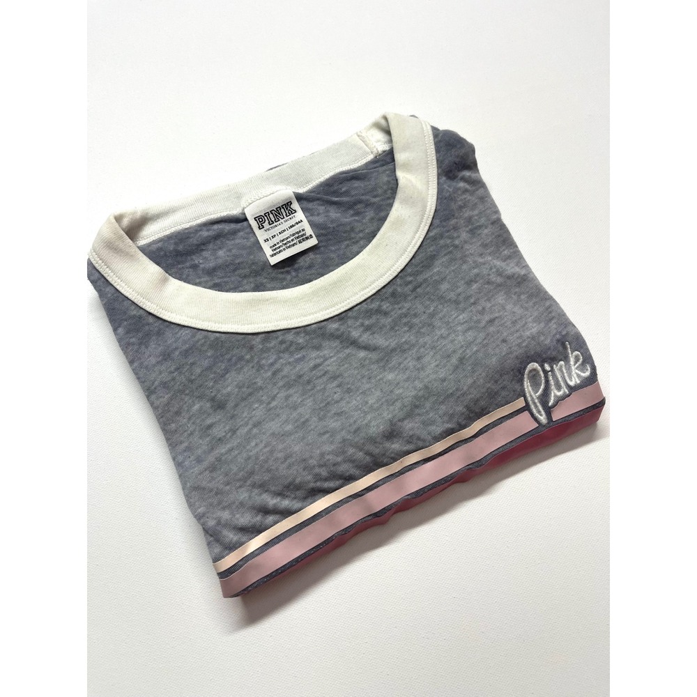 Pink Victoria's Secret Grey Burnout Ringer T-Shirt XS Logo Short Sleeve 0417
